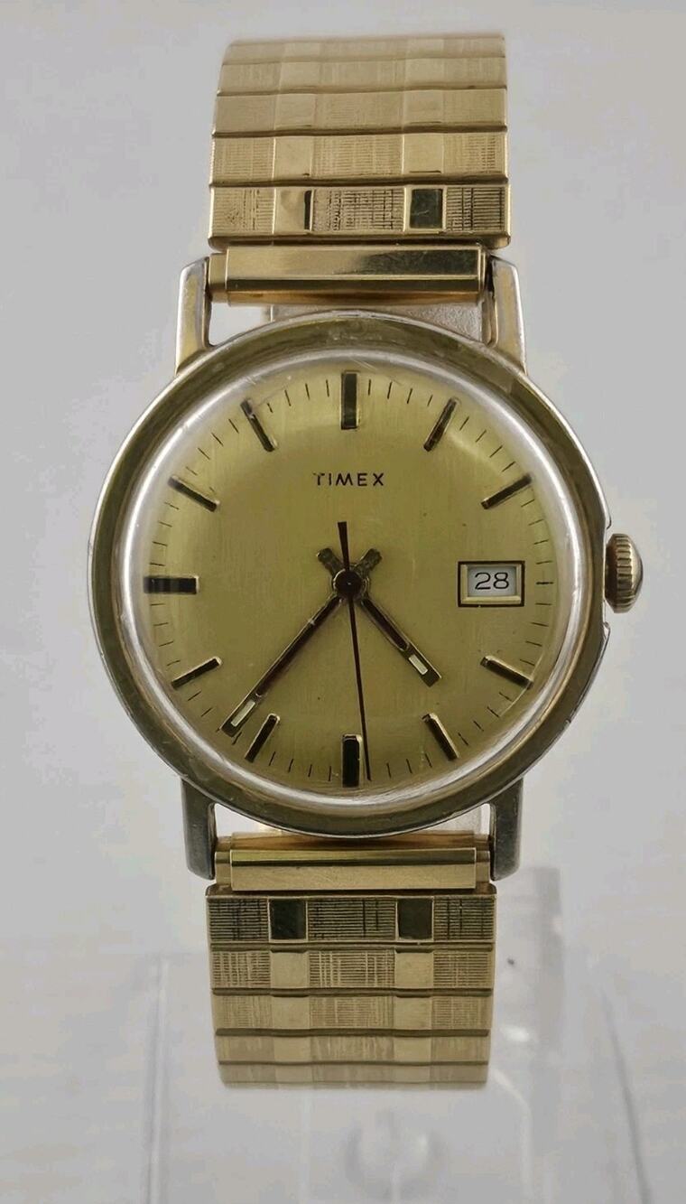 Mens Vintage 1977 Timex Manual Wind Watch Rare Gold Dial New Band Runs